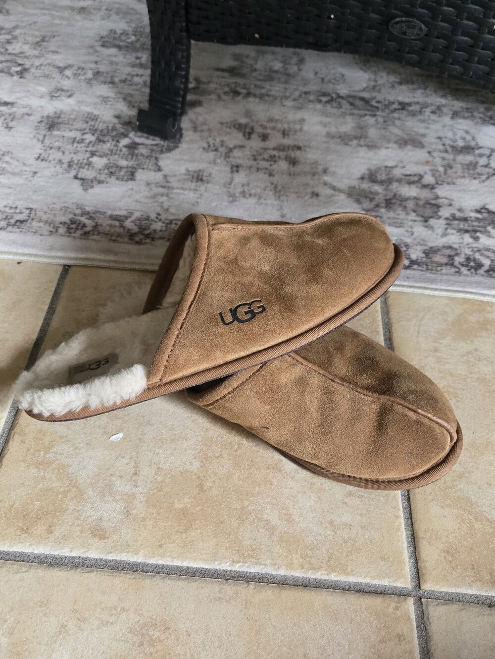 UGG Mens Scuff Suede Slippers Chestnut Tan Sheepskin Shearling Fur Size 11 Uggs - Picture 7 of 13